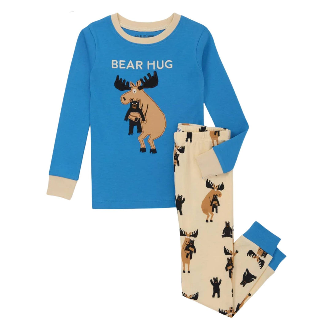 Pyjama deux pièces bleu pour enfant avec orignal tenant une peluche d'ours par La petite maison bleue