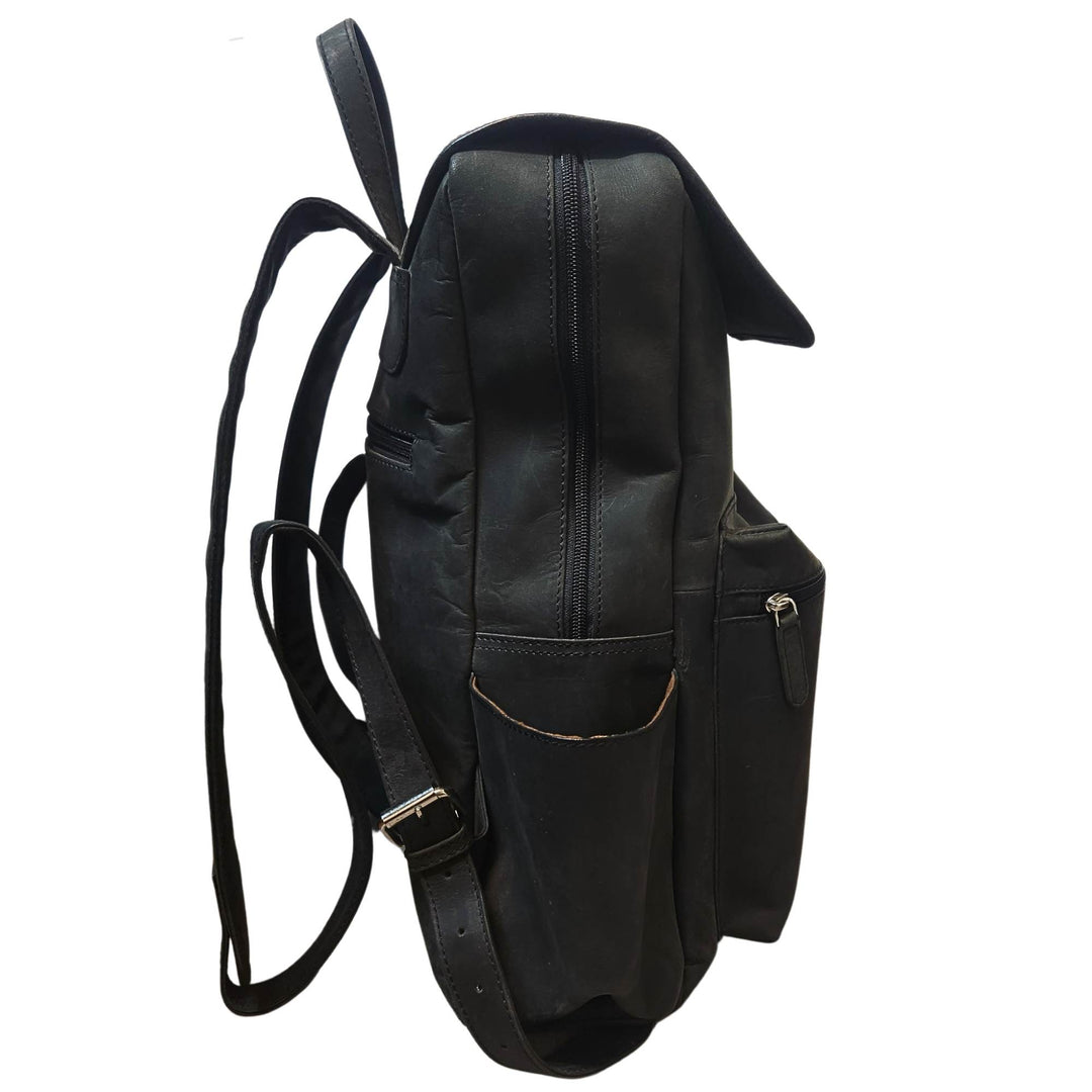 Sac à dos noir en cuir de buffle par Canadian Leather vu de côté