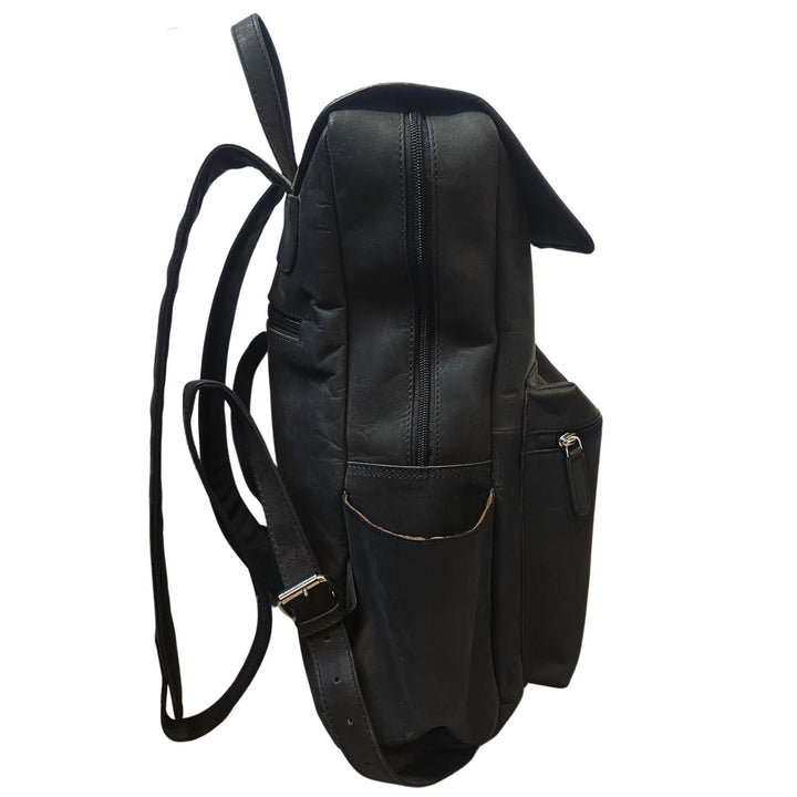 Sac à dos noir en cuir de buffle par Canadian Leather vu de côté