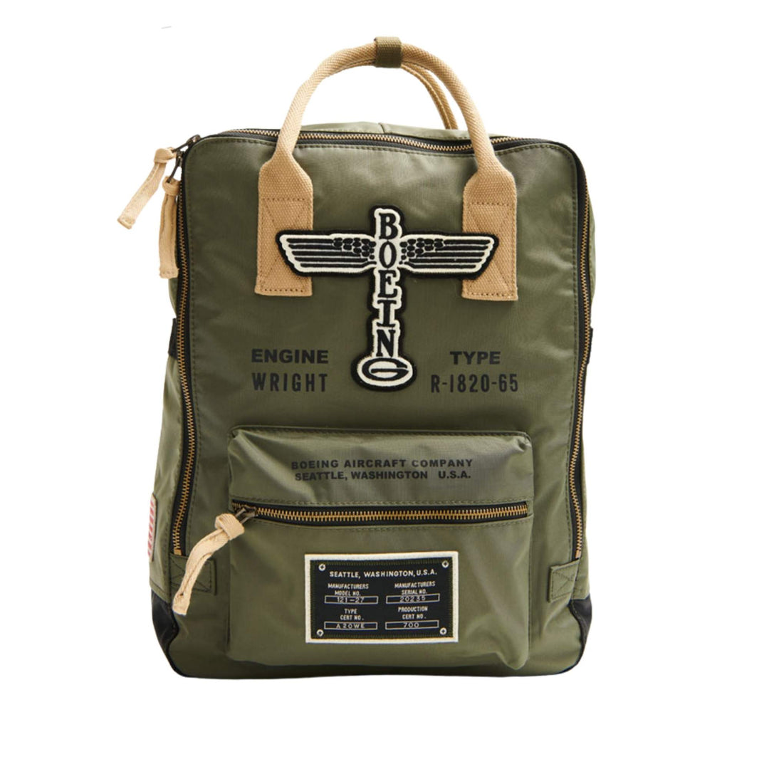 Sac à dos Boeing vert avec logo vintage par Red Canoe vu de devant