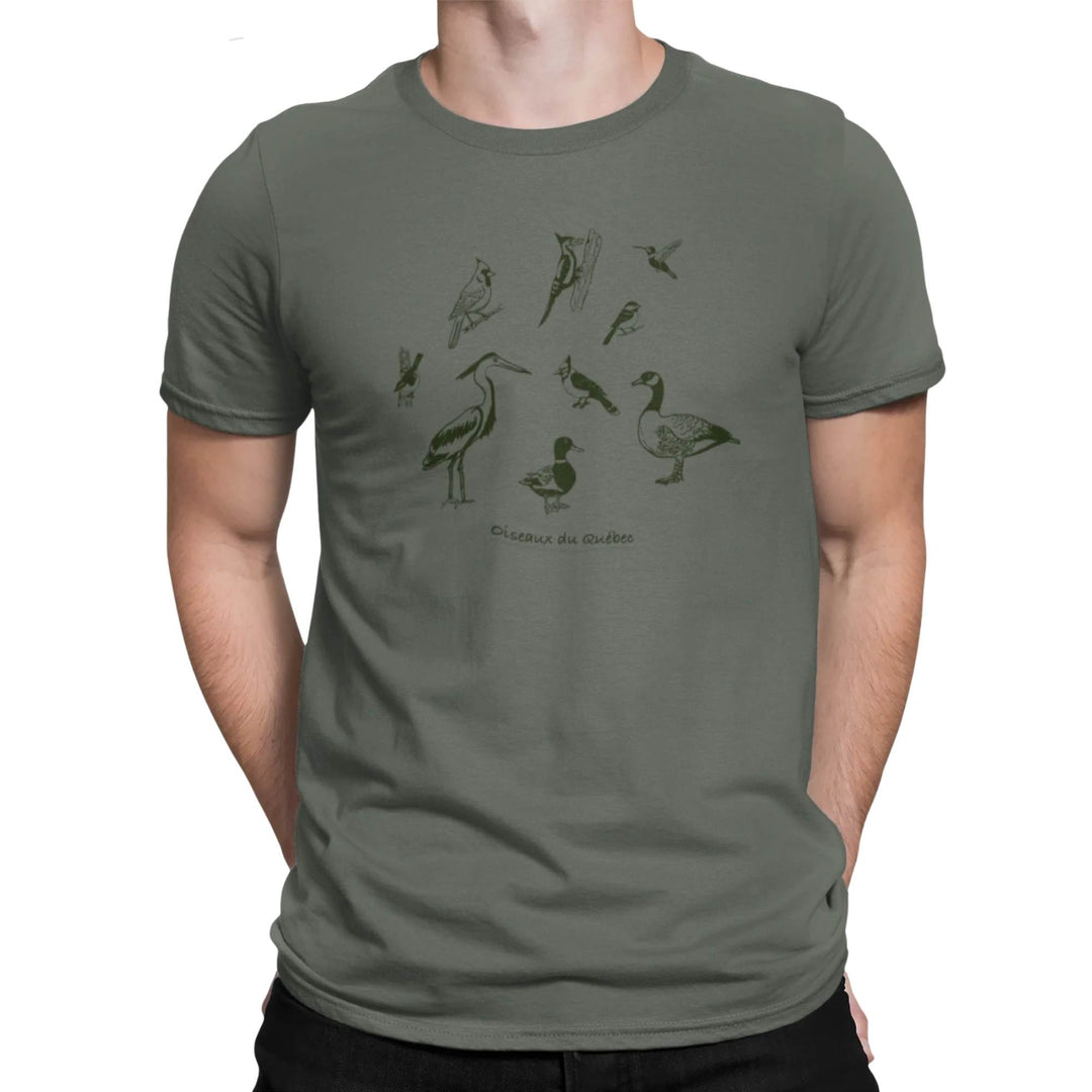 T-shirt vert sauge avec des oiseaux du Québec par KM54