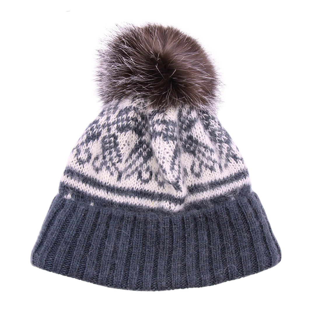 Tuque en laine grise et blanche avec pompom en fourrure de renard par Fourrures Audet
