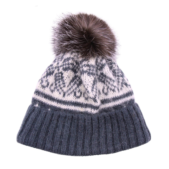 Tuque en laine grise et blanche avec pompom en fourrure de renard par Fourrures Audet