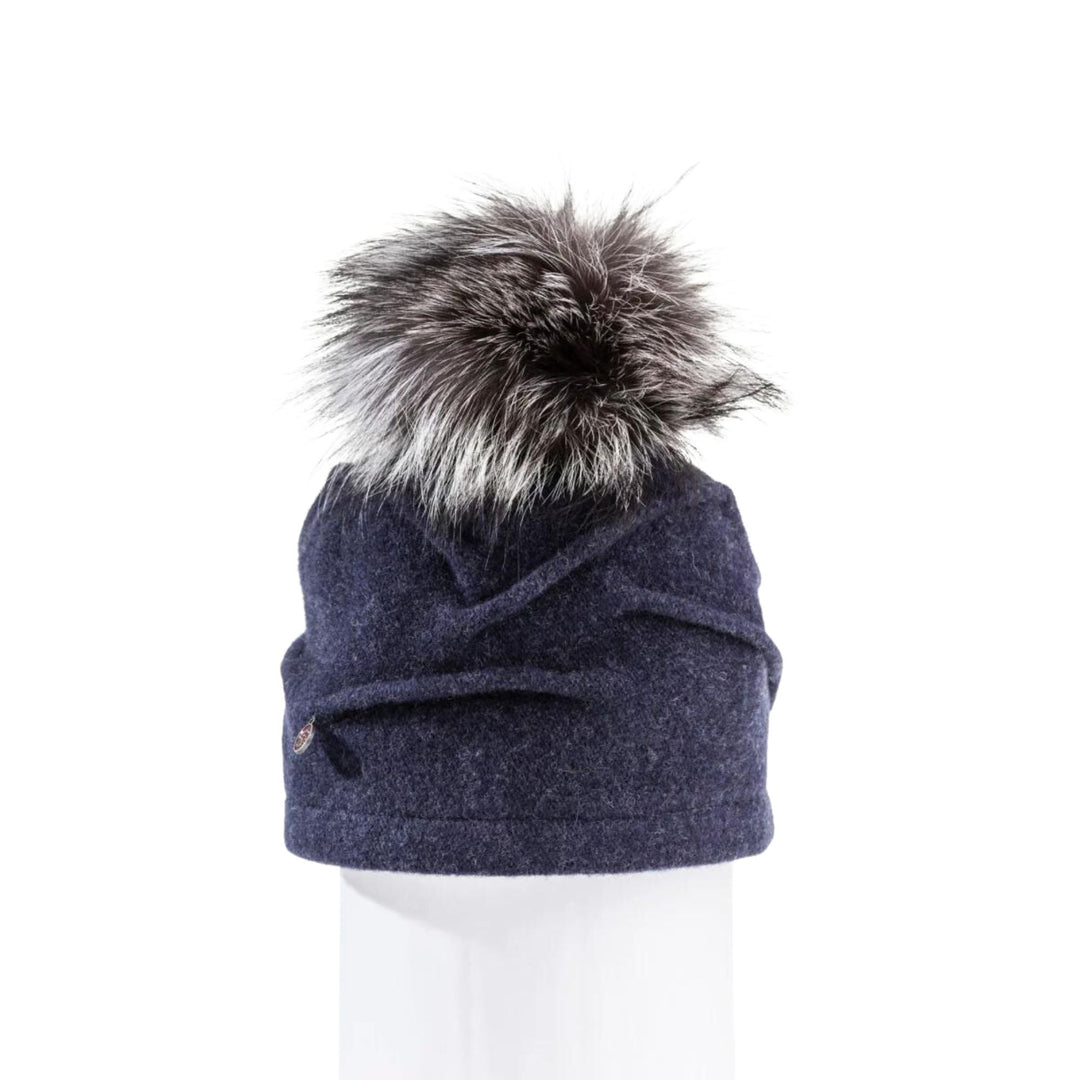 Tuque en laine bleue marine avec pompom en fourrure gris par canadian hat