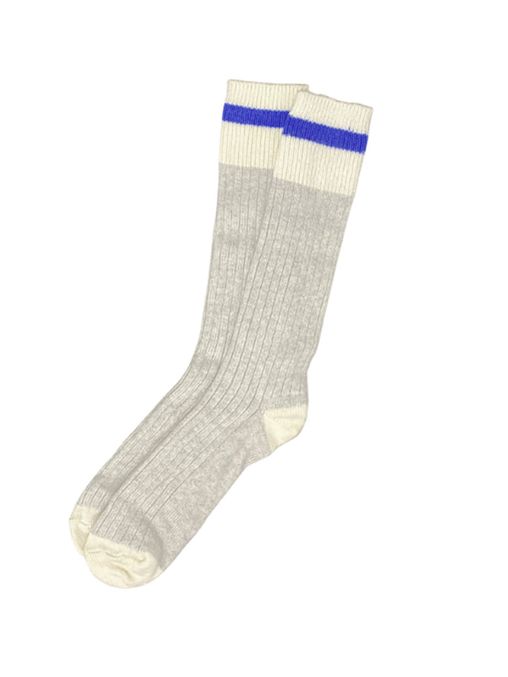 Chaussettes en laine merino grises et blanches avec ligne bleue