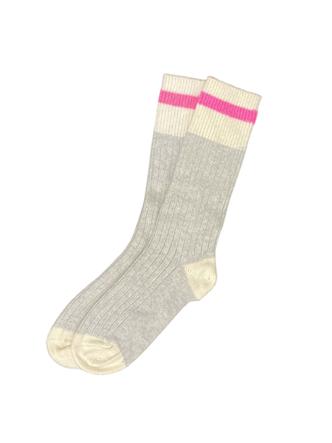 Chaussettes en laine merino grises et blanches avec ligne rose