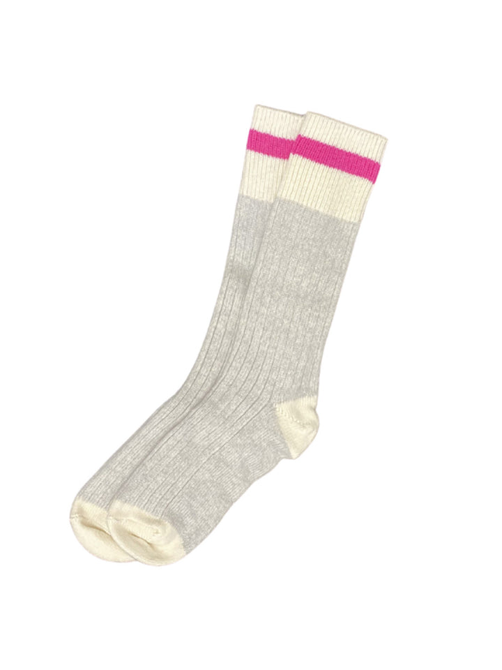 Chaussettes en laine merino grises et blanches avec ligne fushia