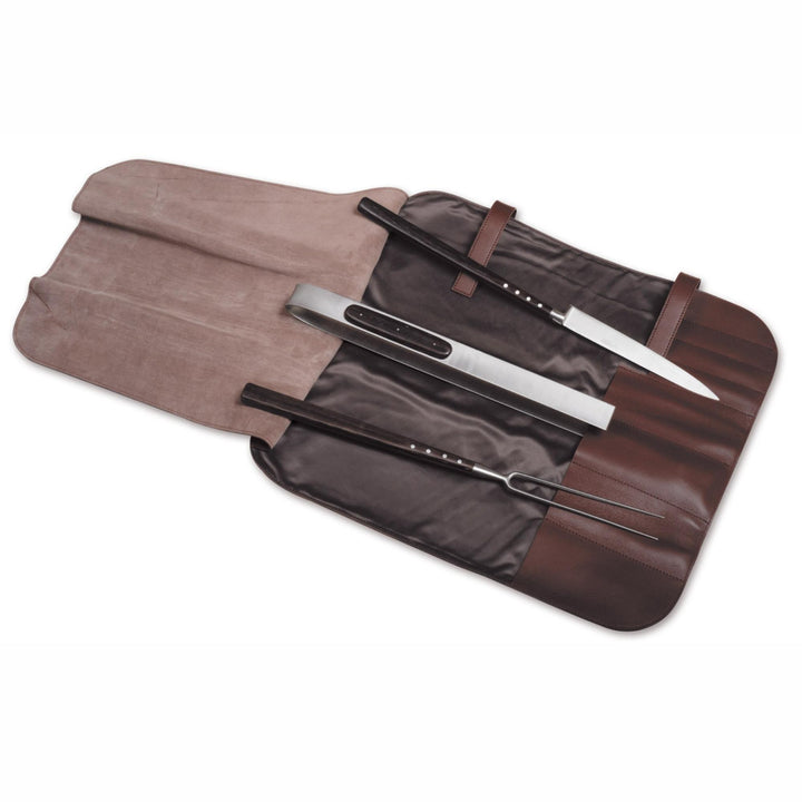 Ensemble couteau pinces et fourchette pour barbecue dans un étui en cuir