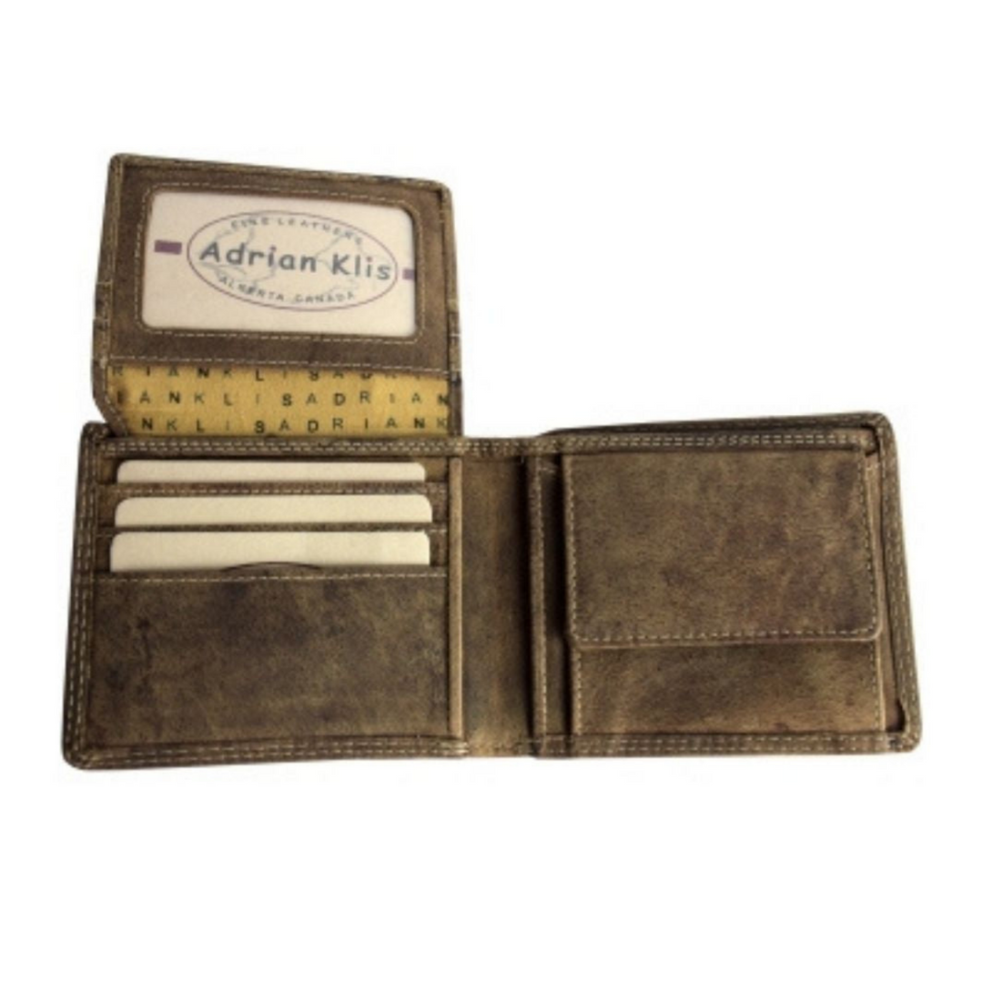 Portefeuille avec pochette à monnaie en cuir de bison ouvert avec le rabat vers le haut et 4 cartes d'identification