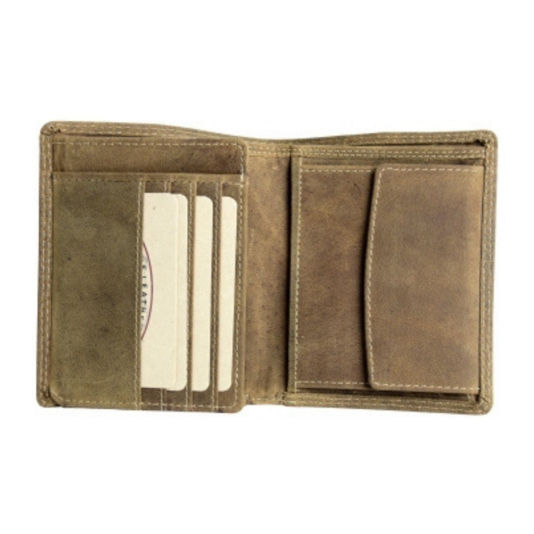 Portefeuille large à rabat et pochette à monnaie en cuir de bison ouvert sur ses 4 cartes d'identification