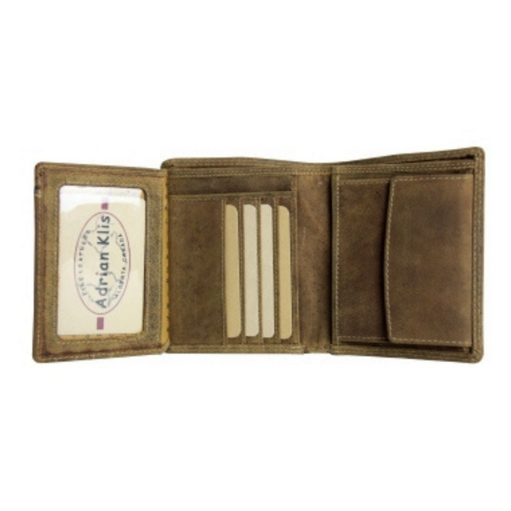Portefeuille large à rabat et pochette à monnaie en cuir de bison ouvert sur ses 3 compartiments avec 5 cartes d'identification