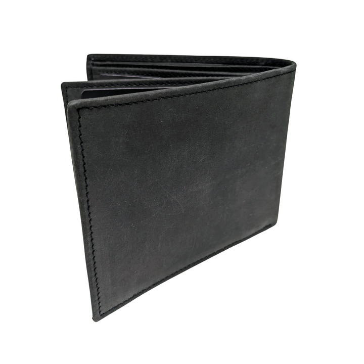 Portefeuille à rabat horizontal avec porte-cartes, pochettes à billets et pochette à monnaie en cuir de bison - noir