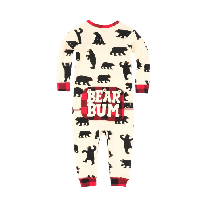 Dos de la Combinaison pour bébés blanche et motifs a carreaux rouge et noir avec motif d'ours noirs BEAR BUM