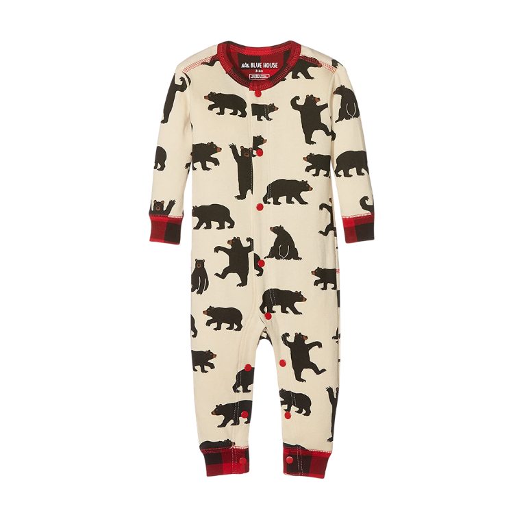 Combinaison pour bébés blanche et motifs a carreaux rouge et noir avec motif d'ours noirs BEAR BUM