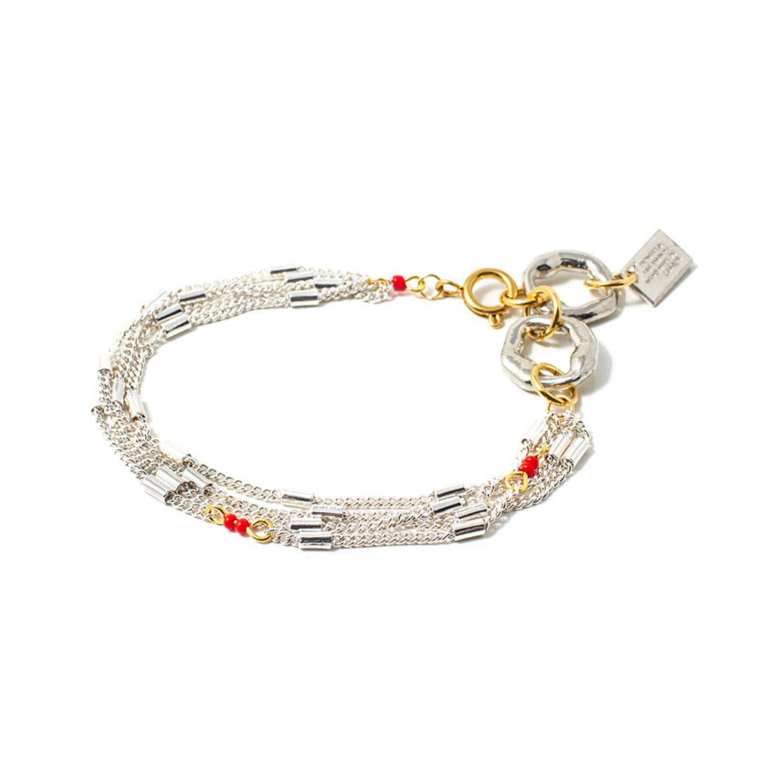 Bracelet Anne-Marie Chagnon Flalo argenté avec pierres rouges et pièces dorées