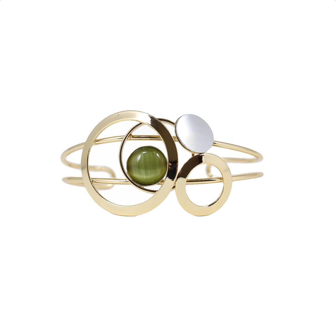 Bracelet en métal doré avec cercles et pierres vertes et grises