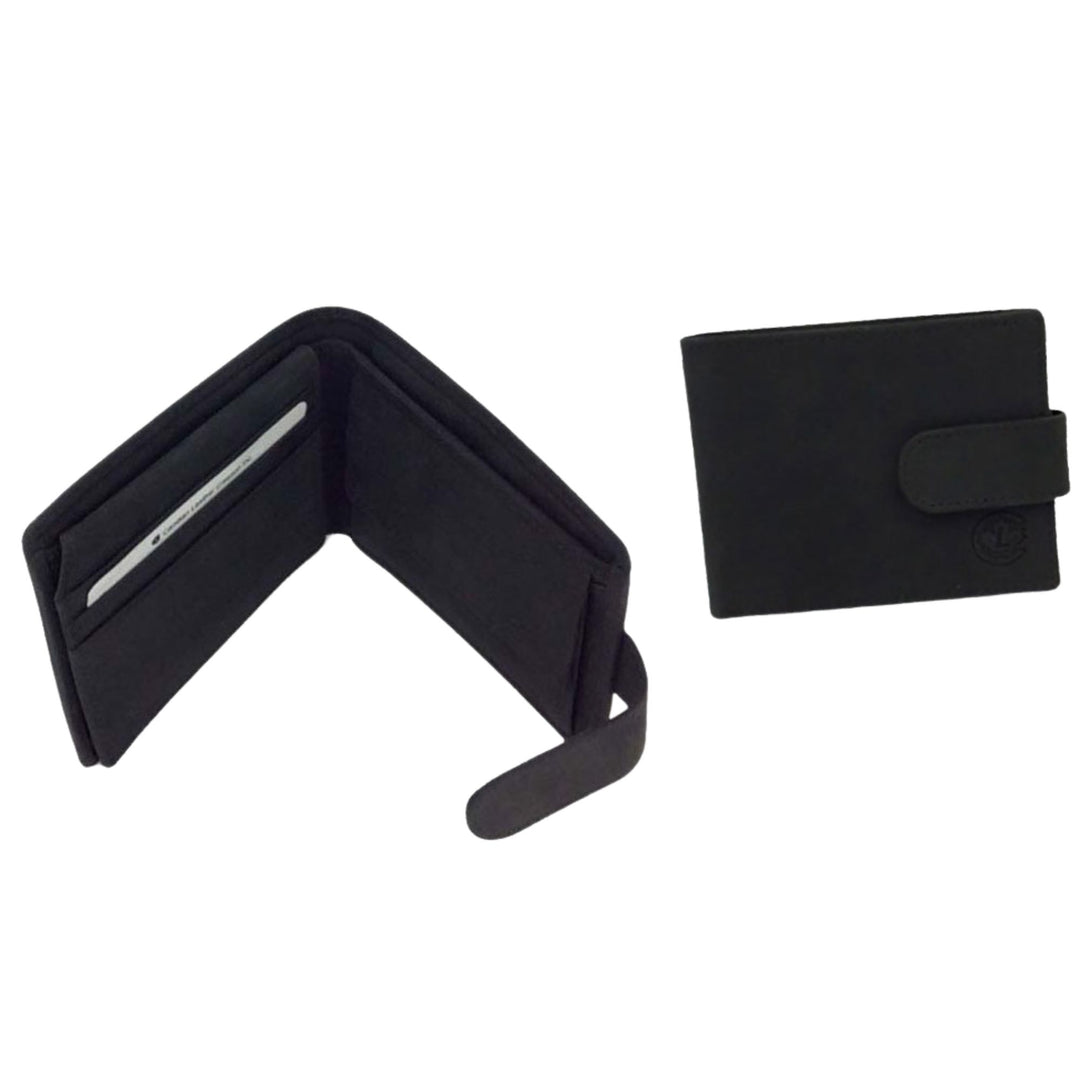 Portefeuille noir Canadian Leather avec porte-cartes et pochette à monnaie ouvert et fermé 