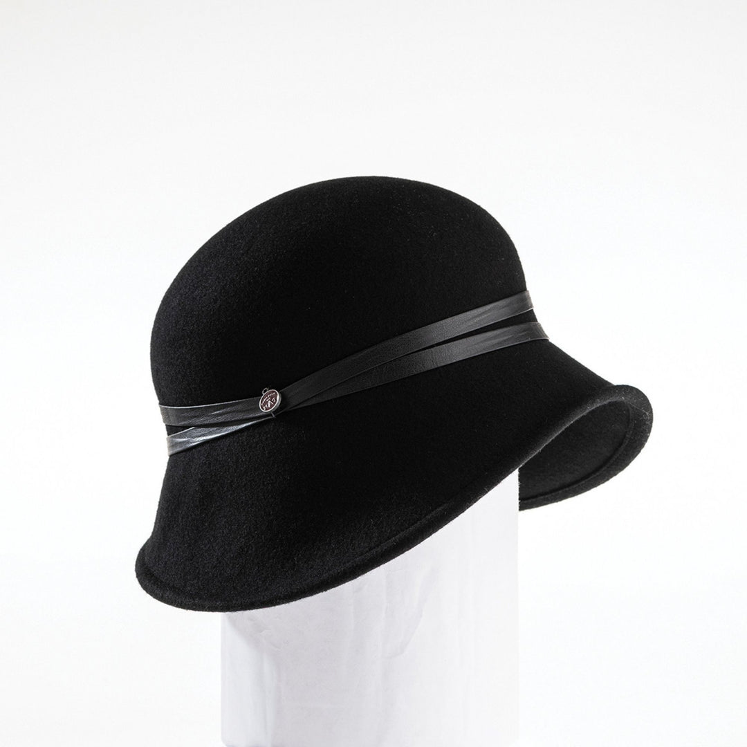 Chapeau de laine en cloche noir avec 2 bandes de cuir pour femme