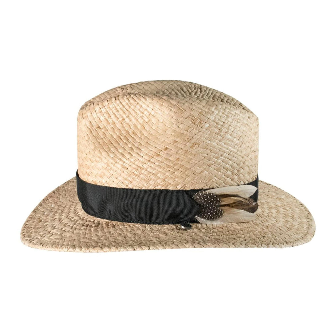 Chapeau d'été en rafia avec ruban noir et plume sur le côté