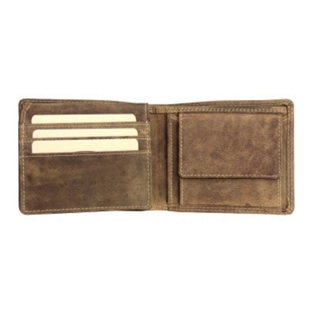 Portefeuille avec pochette à monnaie en cuir de bison ouvert avec 3 cartes d'identification