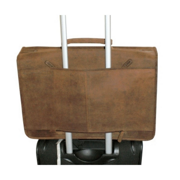 Derrière d'un porte-documents en cuir de bison avec fermeture à deux boucles verrouillables et poignée pour voyage avec valise