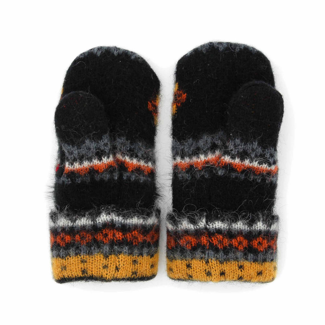 Mitaines en laine islandaises noires,oranges,jaunes,blanches et grises vues de dessous
