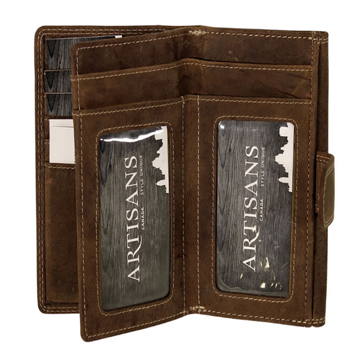 Portefeuille avec pochette en cuir de bison ouvert sur ses cartes d'identification