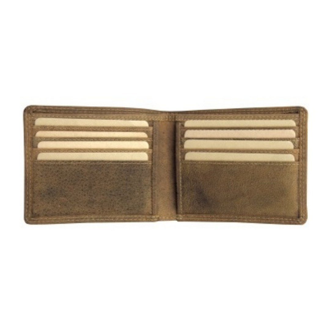 Portefeuille en cuir de bison avec porte-cartes et pochettes ouvert vu de devant
