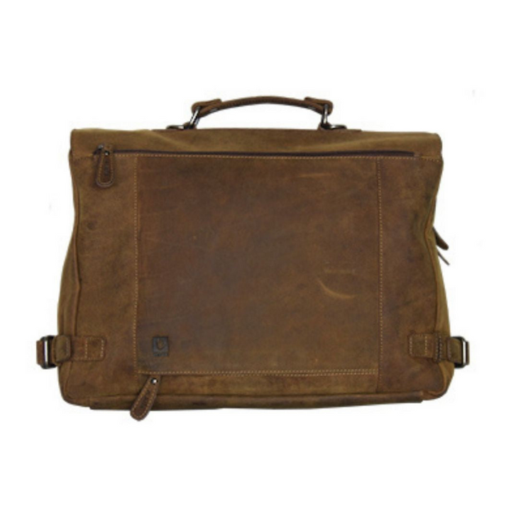sac pour homme en cuir de bison vue de dos avec deux fermetures éclair pour insérer un manche de valise