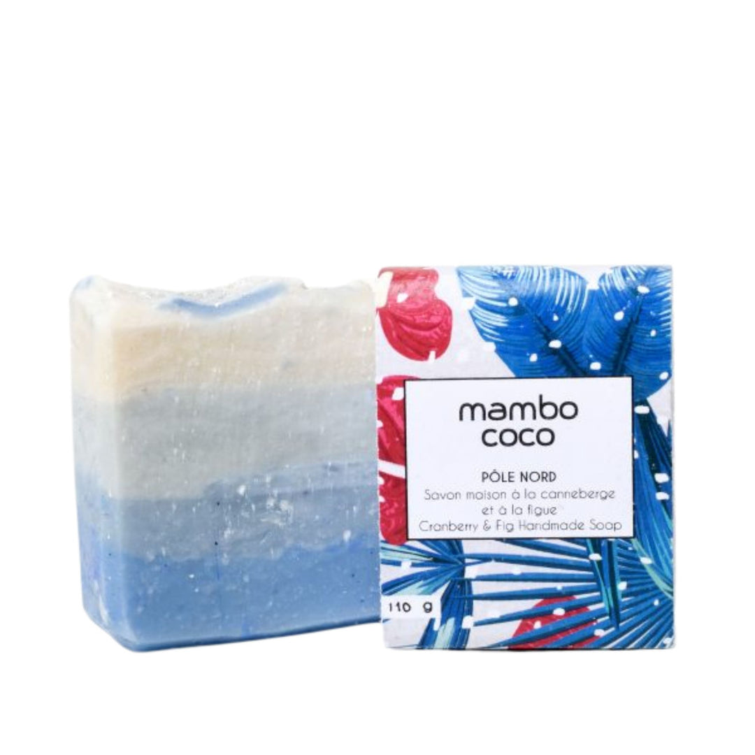 Savon Mambo Coco Pôle Nord bleu avec carton d'étiquette en avant